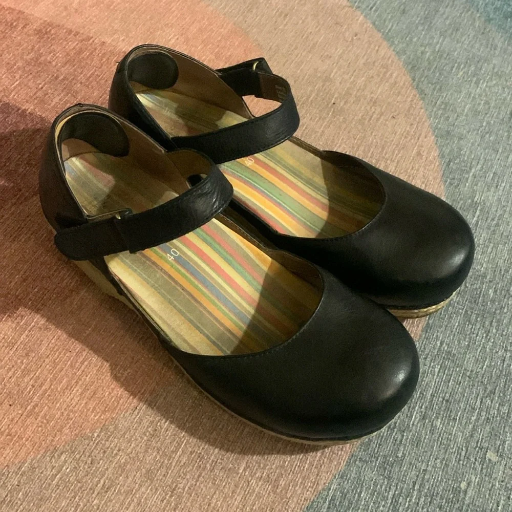 Dansko Black Leather Mary Jane Platforms with Strap